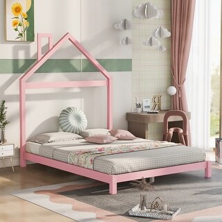 Pink Full Size Wood Bed with House Headboard for Kids