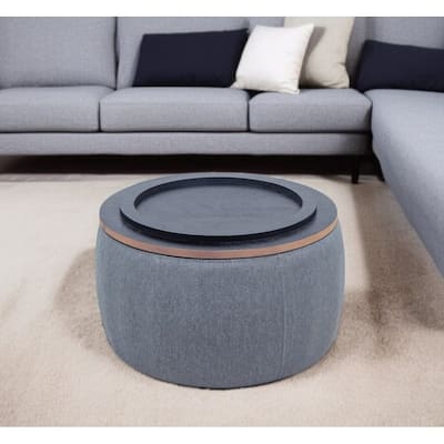 HomeRoots 26" Dark Gray and Natural Fabric And Wood Reversible Tray Top Round Storage Ottoman