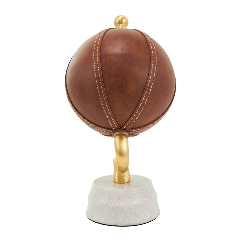 Brown Leather Handmade Stitched Globe with White Marble Base