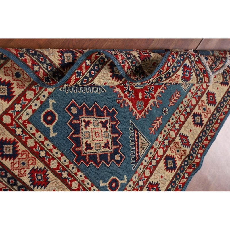 Blue Geometric Kazak Oriental Accent Rug Hand-Knotted Wool Carpet - 3'6"x 4'6"