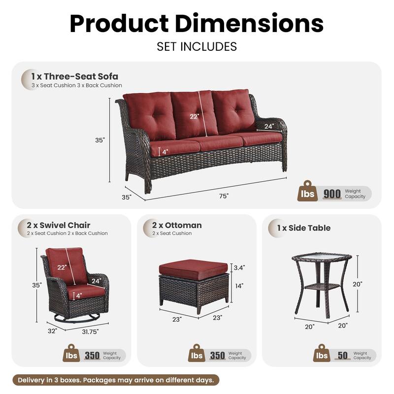 Gymojoy 6-Piece Outdoor Wicker Patio Set with Swivel Rockers, 3-Seater Sofa & Ottomans