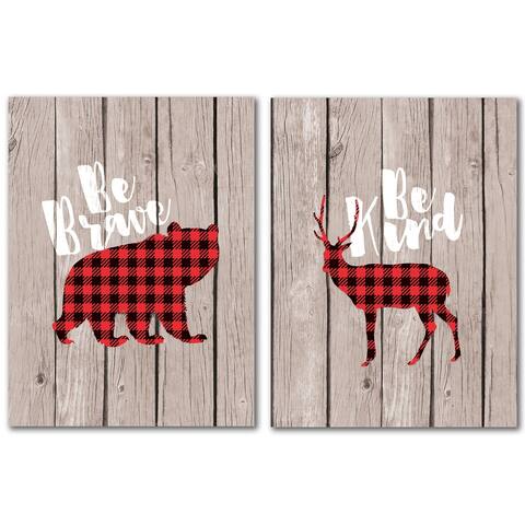 Be Brave Bear Brown Wood 2 Piece Wrapped Canvas Wall Art Set