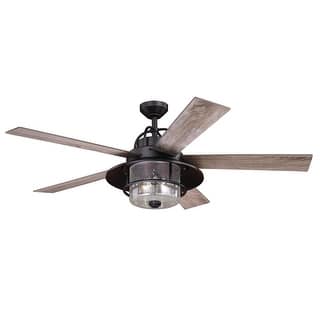 Charleston 56 in. New Bronze Outdoor Rod Mount Rustic Ceiling Fan, Reversible Driftwood-Dark Maple Blades, LED Light Kit, Remote