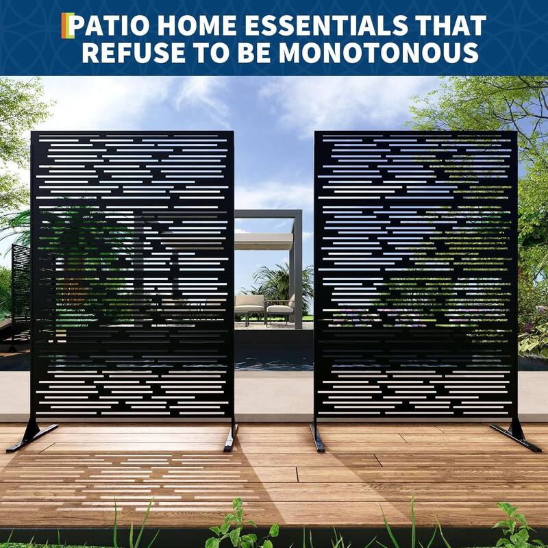 1 Pc Freestanding Decorative Metal Privacy Screen Outdoor with Stand for Balcony, Stripe