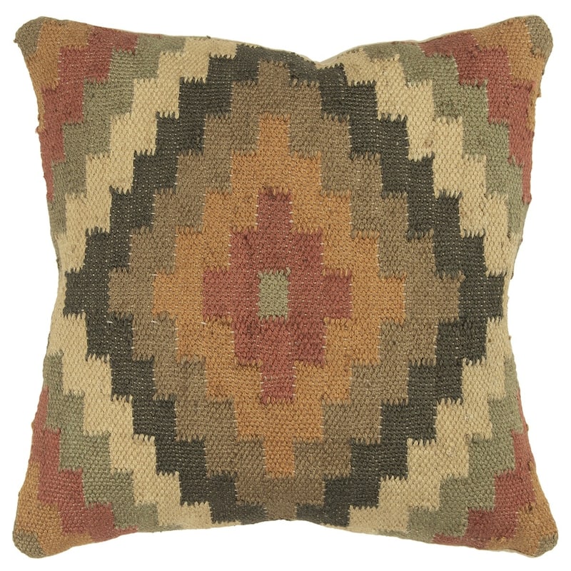 HomeRoots 18" Brown and Green Geometric Jute Wool Blend Throw Pillow