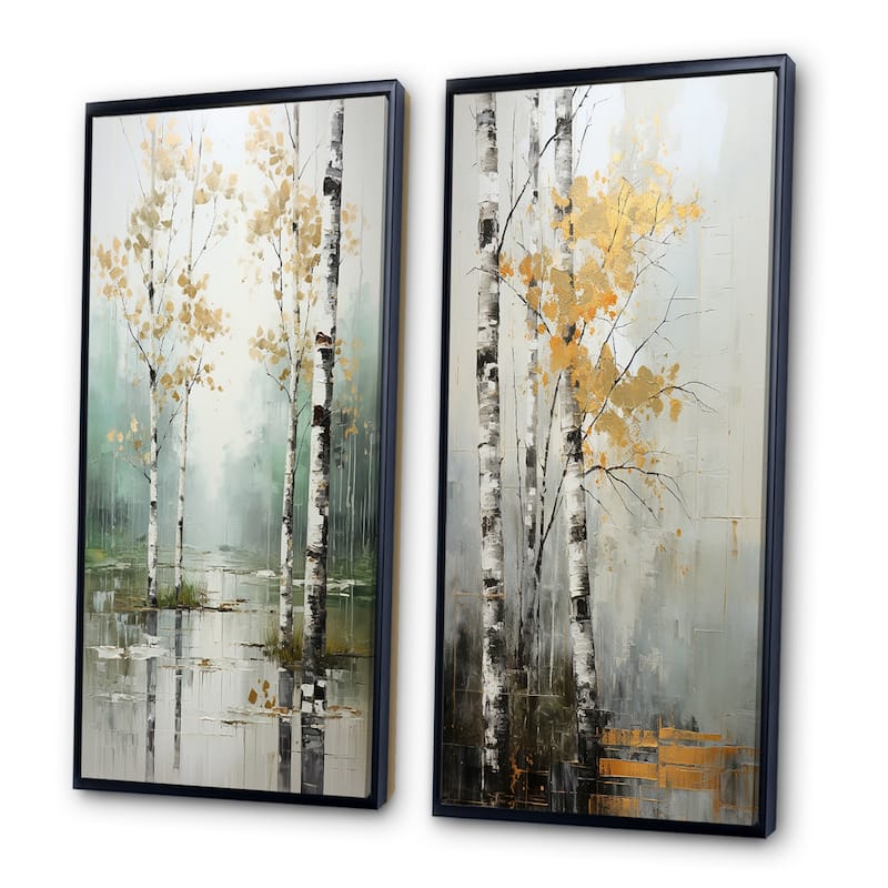 Designart "Birch Woods Ethereal Elegance" Tree Birch Framed Wall Art Set Of 2 - Blue Wall Art Set Of 2