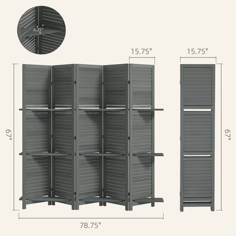 HOMCOM 5 Panel 67" Tall Wood Room Divider, Privacy Screen with 3 Display Shelves, and Folding Storage for Bedroom or Home Office