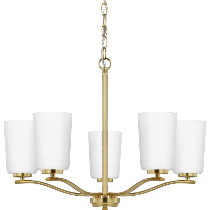 Adley Collection Five-Light Satin Brass Etched White Glass New Traditional Chandelier - 22.87 in x 22.87 in x 17.25 in