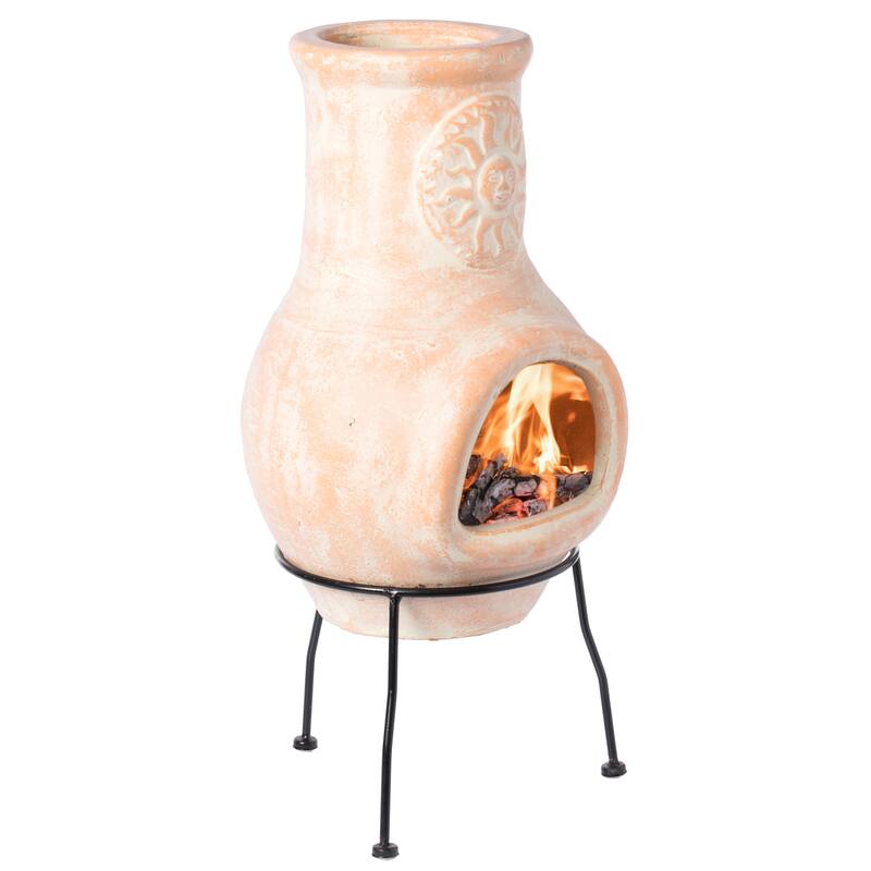 Outdoor Clay Chiminea Sun Design Charcoal Burning Fire Pit - 12" Diameter x 25.50" High - 12" Diameter x 25.50" High