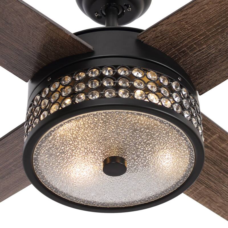 52" Wood 4-Blade Matte Black Crystal Ceiling Fan with Remote