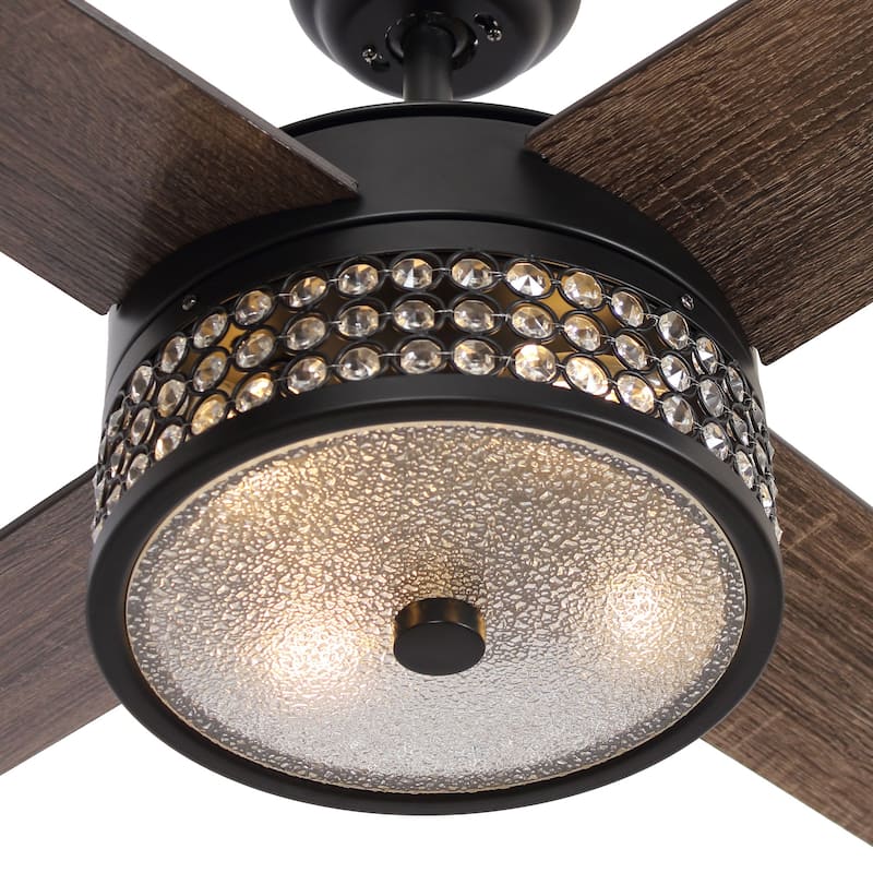 52-inch Satin Nickel/Black 4-Blades Crystal Ceiling Fan with Light Kit