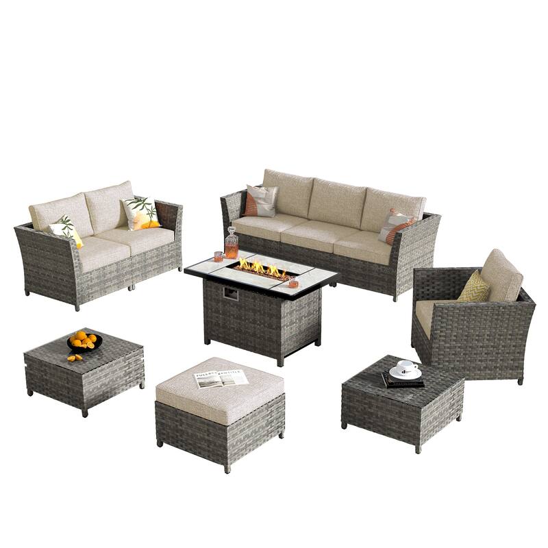 HOOOWOOO 10-piece Wicker Rattan Patio Furniture Sectional Set with Fire Pit