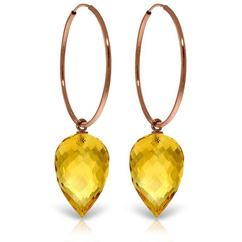 14K Solid Gold Hoop Earrings w/ Pointy Briolette Drop Citrines - Rose