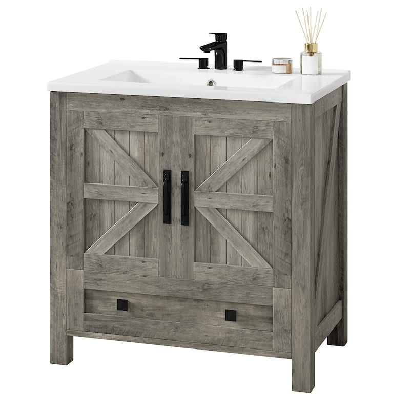 Moasis 30 Inch Farmhouse Bathroom Vanity with Sink and Barn Door Storage for Small Spaces
