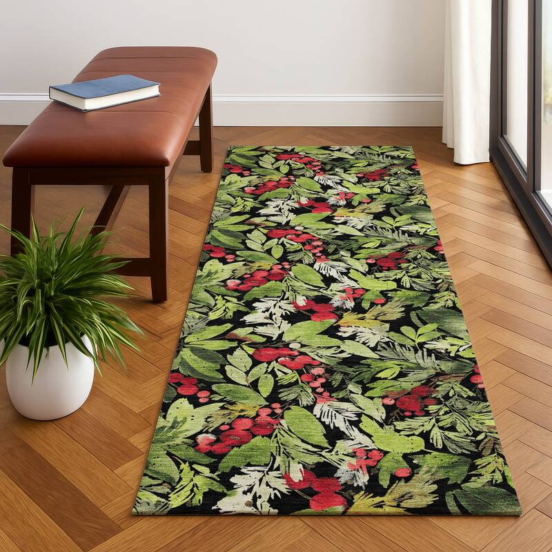 Premium Washable Super Soft Christmas Holly Mayfield Rug - Black - 2'3" x 7'6"