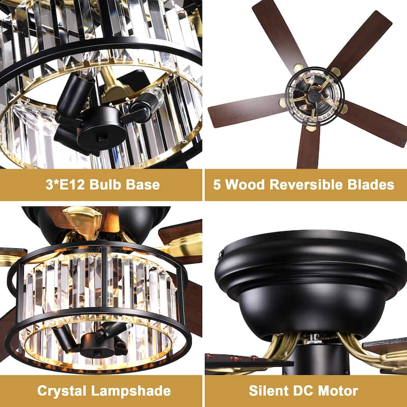 Cusp Barn 52" Farmhouse Flush Mount Crystal Ceiling Fan with Lights and Remote, Black 5 Blades Reversible Chandelier Ceiling Fan