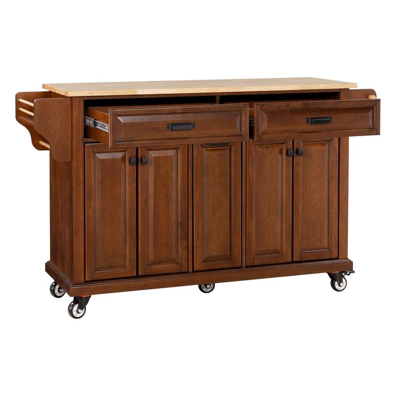 Kitchen Island with Rubber wood Countertop, Kitchen Cart on 5 Wheels with Storage Cabinet and 2 Top Drawers
