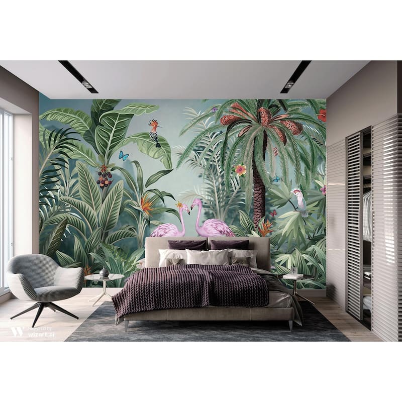 Vibrant Tropical Paradise Wallpaper Mural Flamingos Wildlife