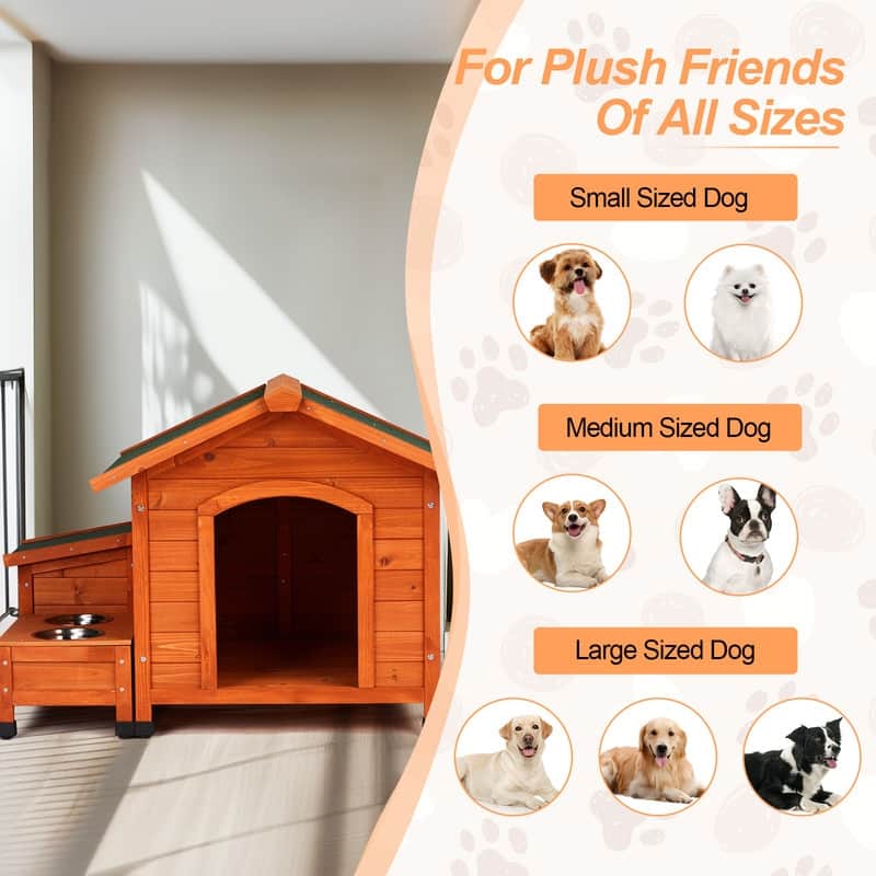 Wood Dog/Cat House With Asphalt Roof Food Bowl