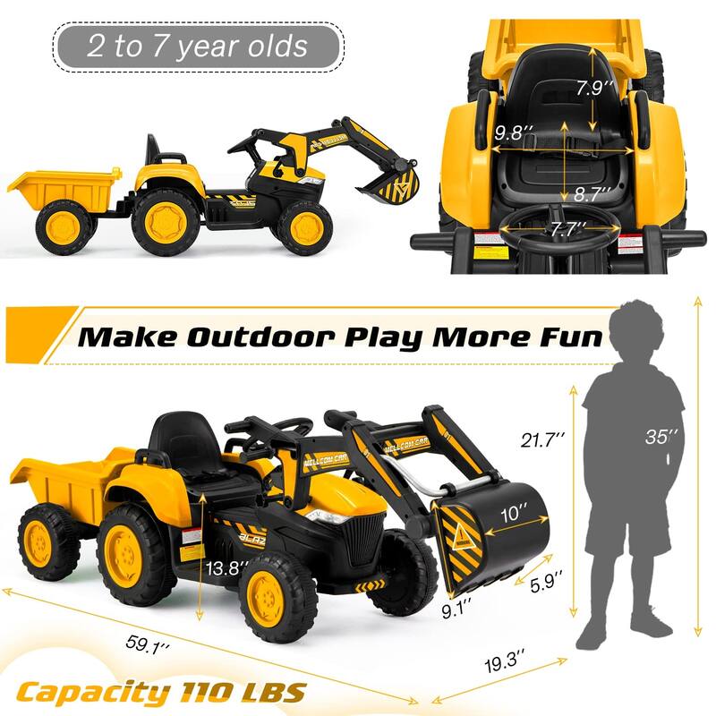 EROMMY Ride on Car Toys with Remote Control, Digger, Horn, Lights, Music Player, Safety Belt,