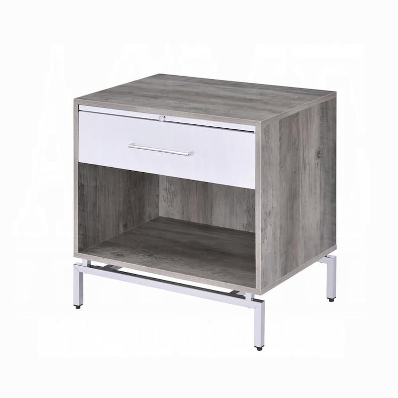 Weathered Gray Oak Nightstand with Drawer and Shelf, White Finish - Gray,White
