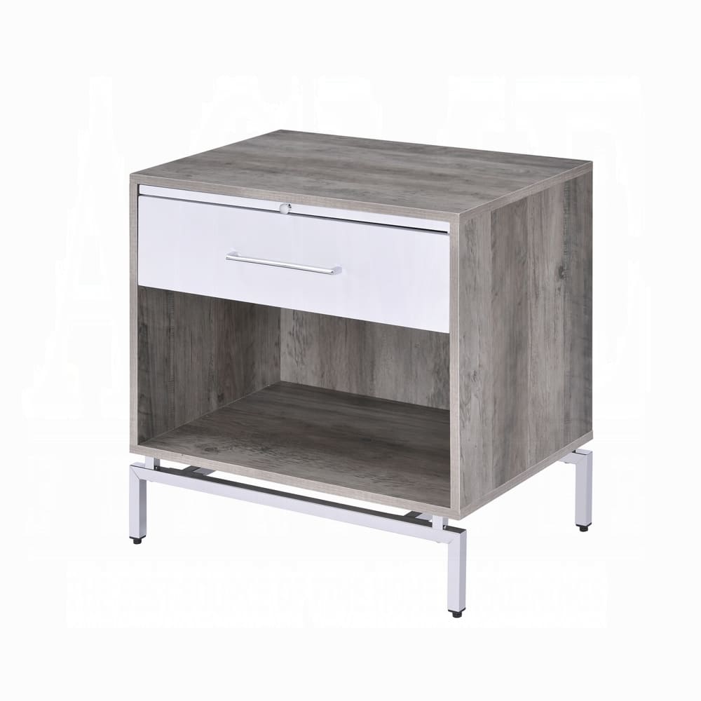 Weathered Gray Oak Nightstand with Drawer and Shelf, White Finish