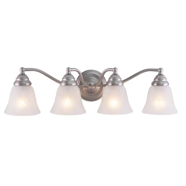 slide 2 of 9, Standford 4-Light 26 in. W Brushed Nickel Traditional Bathroom Vanity Lighting Fixture, White Alabaster Glass Shade, Dimmable 26-in W x 7-in H x 7-in D - Brushed Nickel