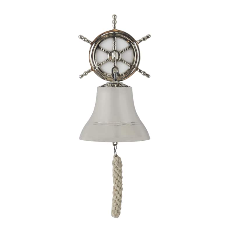 Brass Metal Bell Indoor Outdoor Home Wall Decor with Ship wheel Backing - Silver - Roche River Decor - Silver