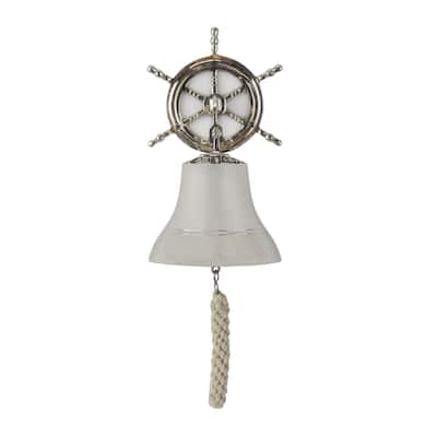 Brass Metal Bell Indoor Outdoor Home Wall Decor with Ship wheel Backing - Silver - Roche River Decor