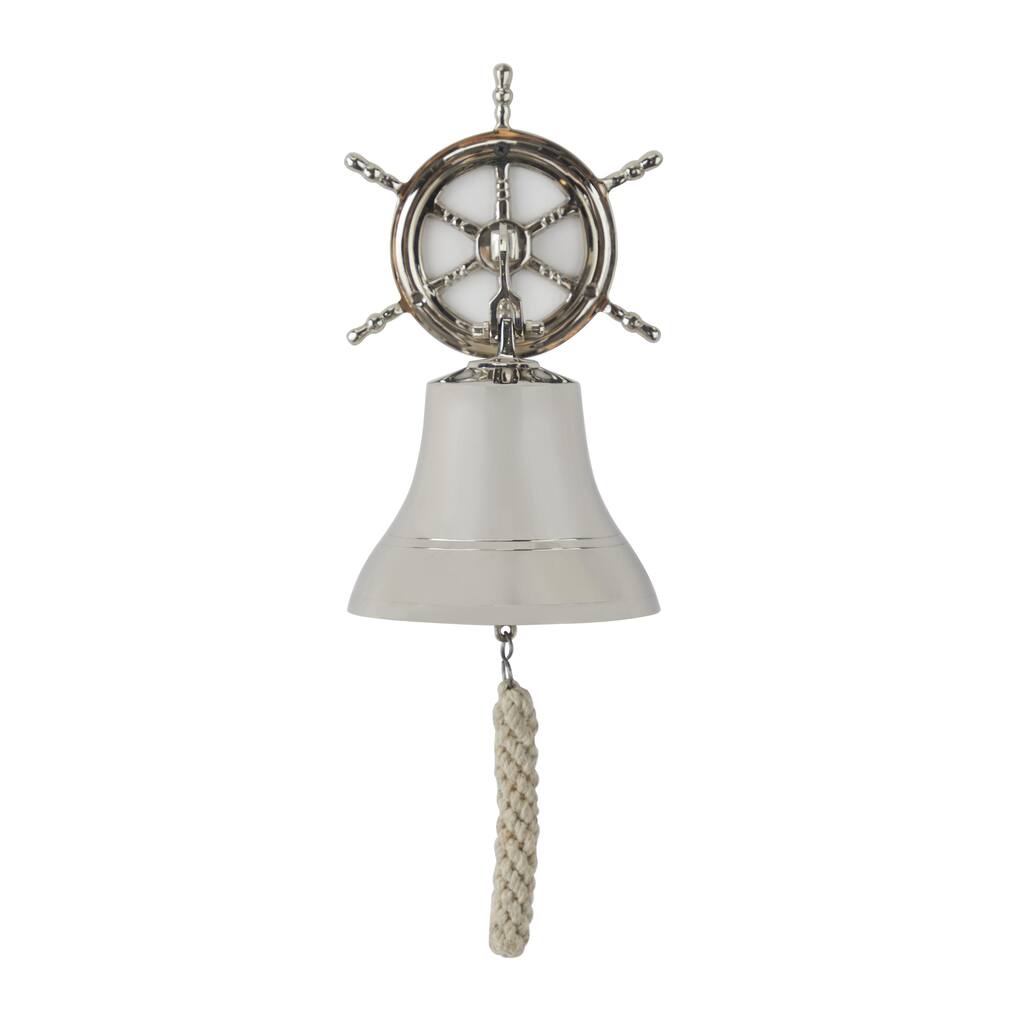 Brass Metal Bell Indoor Outdoor Home Wall Decor with Ship wheel Backing - Silver - Roche River Decor