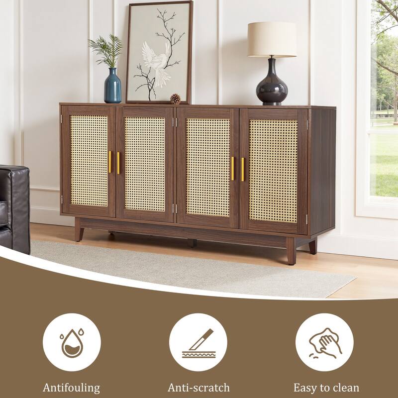 Wood TV Stand for up to 60" TVs with Four Rottan Doors