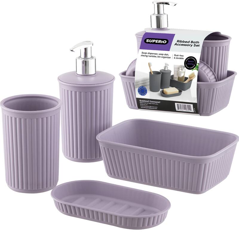 Superio Ribbed Bathroom Accessory Set, 4 pack - 6.34"W x 4.41"D x 6.54"H - Lilac