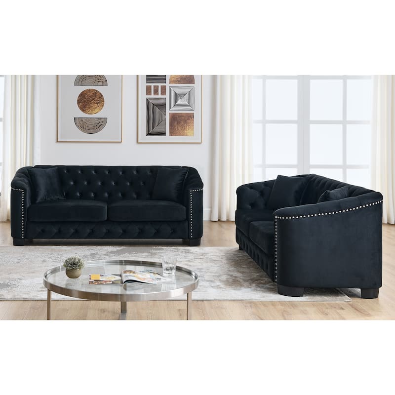 Roomfitters 5-Seater Chesterfield Sofa Set, 3+2 Velvet Tufted Couches with Rolled Arms, Nailhead Trim and Cushions - Black - 6 Seater