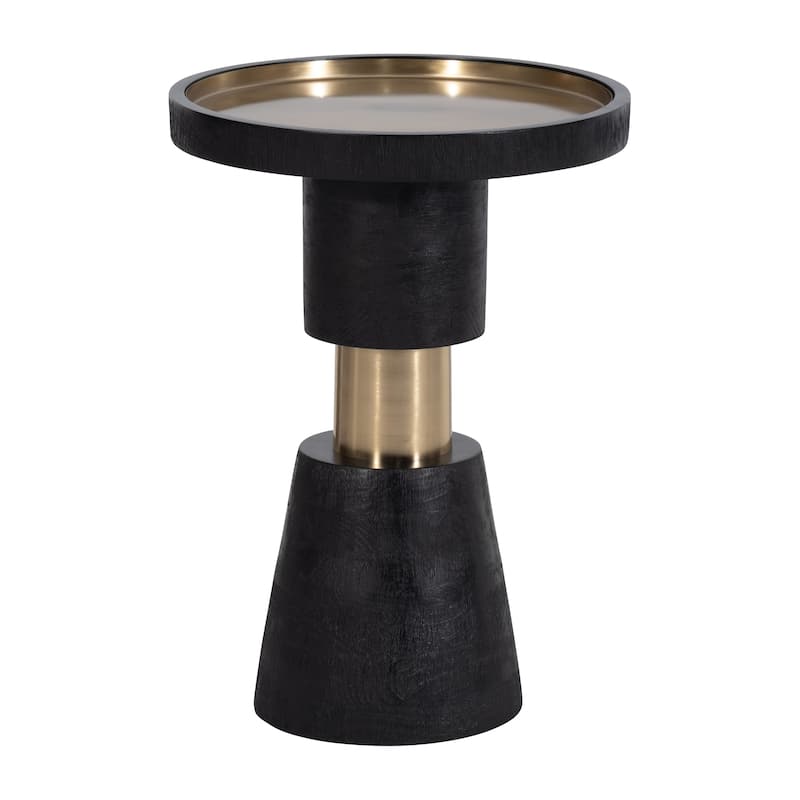 21"H Black and Gold Banded Metal Round Side End Table with Wood and Iron Accent Construction for Modern Living