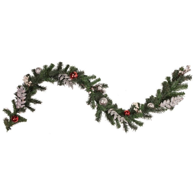 6' x 10" Pre-Lit Decorated Green Pine Artificial Christmas Garland Warm White LED Lights