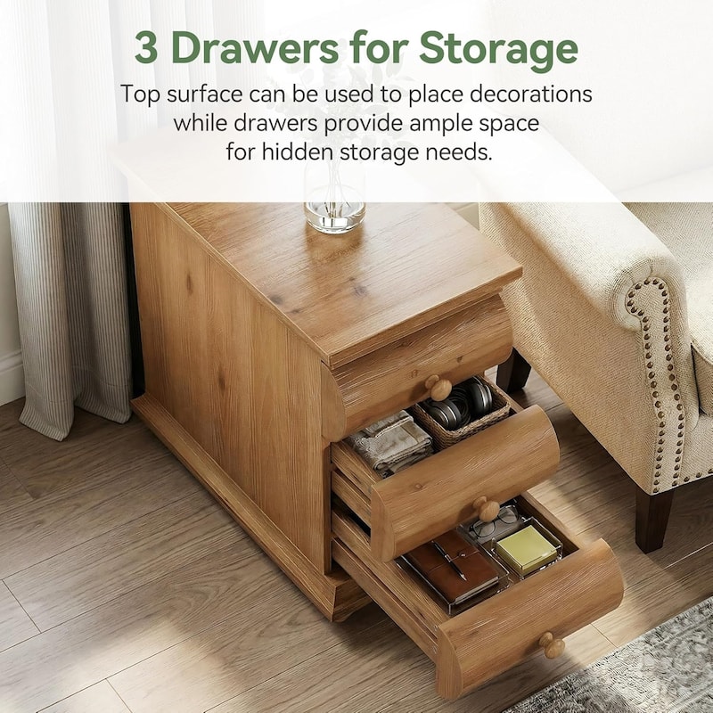Solid Wood End Table, 3 Drawers Narrow Sofa Side Table with Finished Back