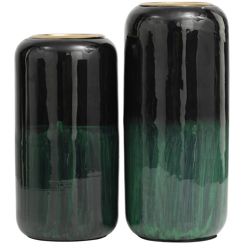 Green Metal Colorblock Abstract Decorative Vase with Paint Streak Designs and Gold Accents (Set of 2) - 13, 11"H