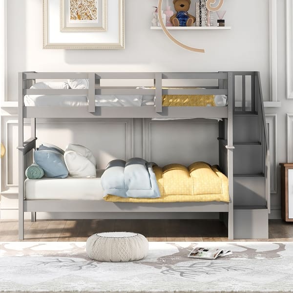 slide 2 of 11, Modern Style Wood Bunk Bed with Guardrials, Maximized Storage Space, Safe Staircase, Grey Grey