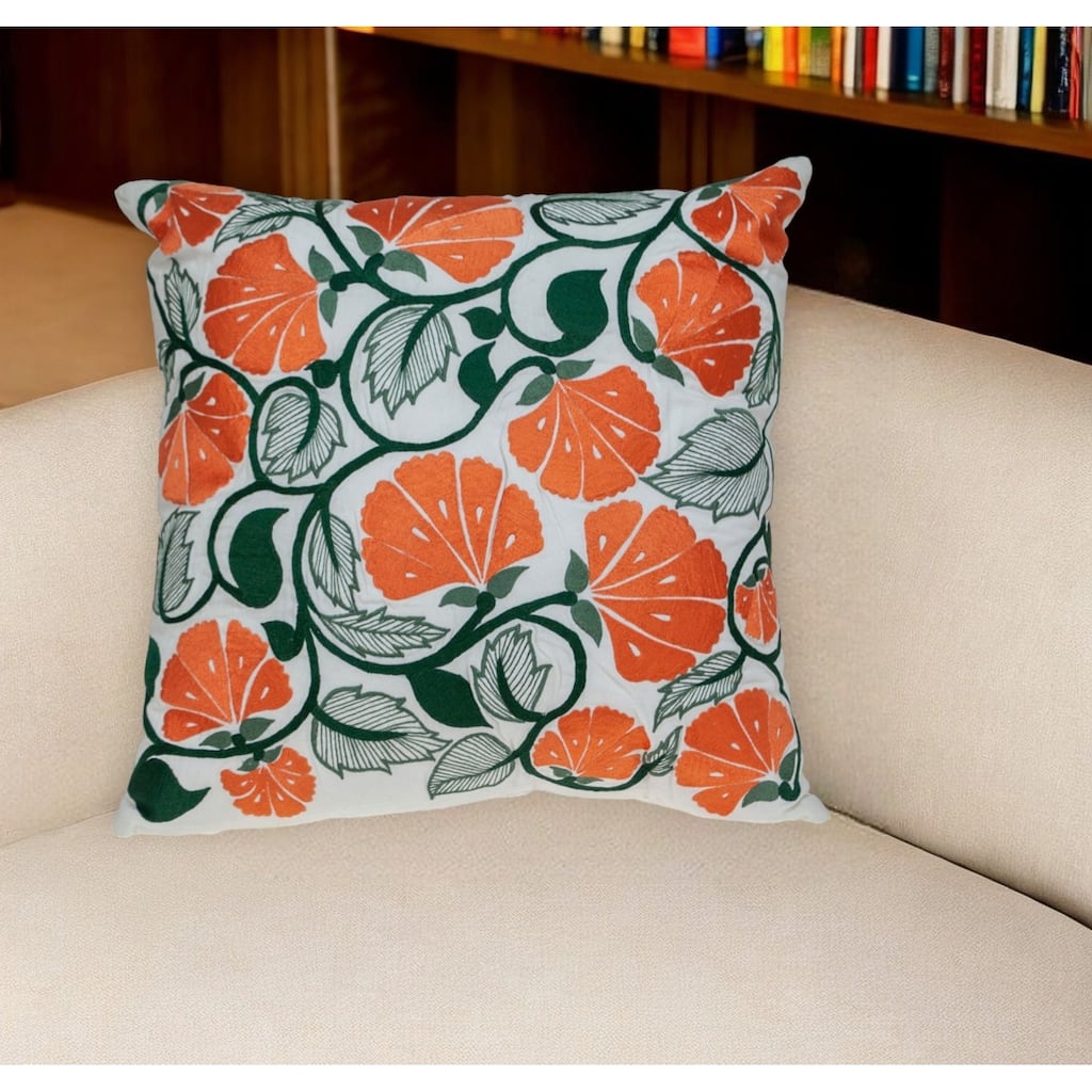 HomeRoots 22" Orange and White Floral Cotton Throw Pillow With Embroidery