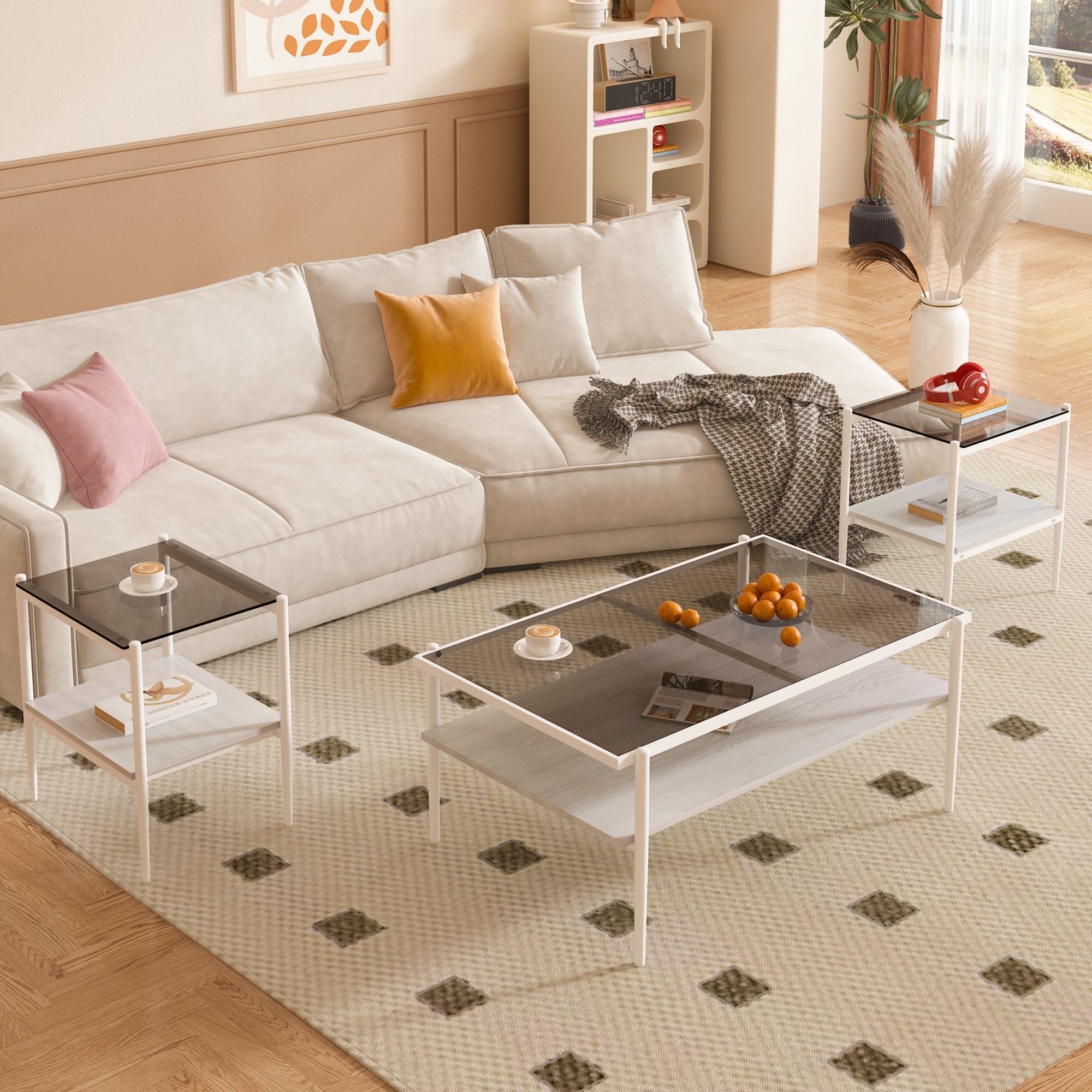 Coffee Table and End tables Set of 3, Tempered Glass Table with MDF layer, Modern Tables for Living Room