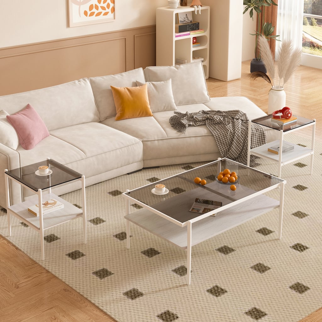 Coffee Table and End tables Set of 3, Tempered Glass Table with MDF layer, Modern Tables for Living Room