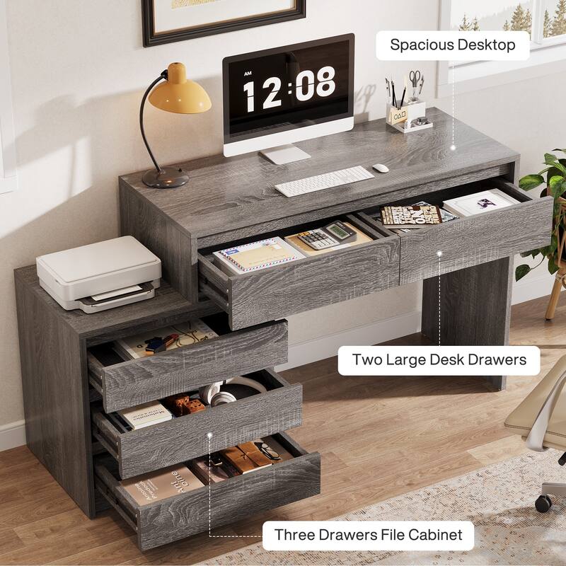 Industrial Computer Desk with 5 Drawers & File Cabinet, Rustic Wood Office Desk with Printer Stand for Small Spaces