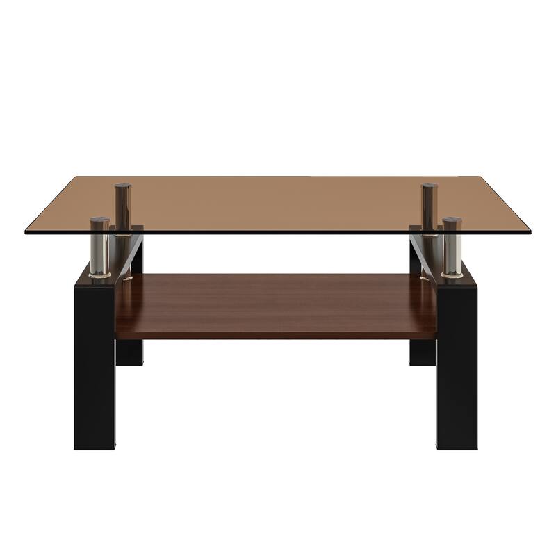 Rectangle Coffee Table, Tempered Glass Tabletop with MDF Layer, Modern Table for Living Room, Brown Glass
