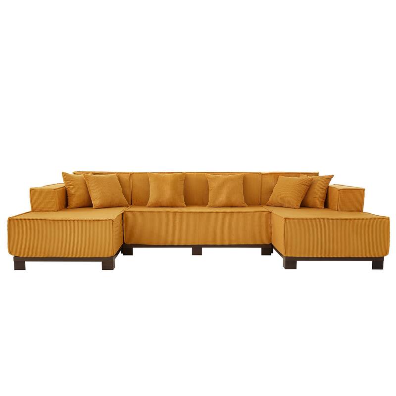 Roomfitters 130 Inch Modern U-Shaped Sectional Sofa with RGB LED Lights and 6 Pillows, Corduroy