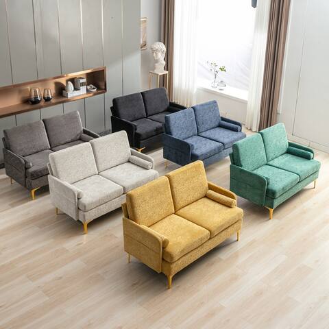 Cut Pile Thick Cushion Upholstered Loveseat Sofa With Pillows Golden Legs