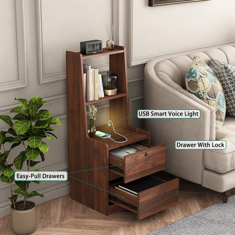 Smart Nightstand with Night Light and Charging Station, Sofa Side Table with Bookshelf, Coffee Table with 2 Storage Drawers