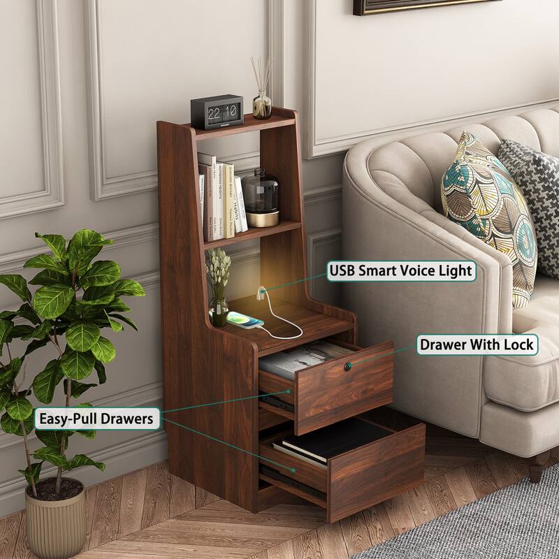 Smart Nightstand with USB Ports, AC Outlet, and Lockable Cabinet - 15.74"x15.74"x41.14", White