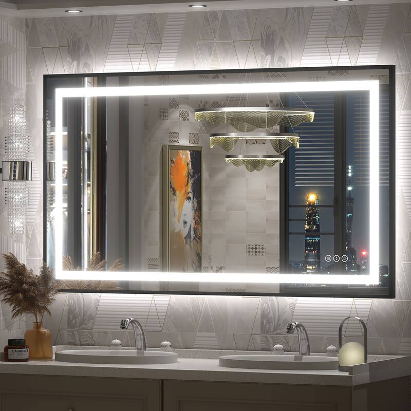 Black Metal Framed LED Front Light and Backlit Anti-Fog Wall Bathroom/ Vanity Mirror - 48" x 28"-Square Corner - Black