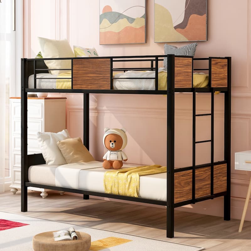 Twin/Full Size Bunk Bed with Steel Frame, Safety Rail, and Built-In Ladder, Space-Saving Design for Kids and Adults - Brown - Twin