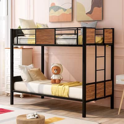 Twin/Full Size Bunk Bed with Steel Frame, Safety Rail, and Built-In Ladder, Space-Saving Design for Kids and Adults